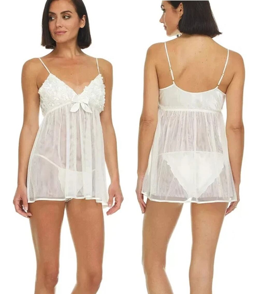 Flora by Flora Nikrooz Bellflower Babydoll Chemise Lingerie Cream Womens Small
